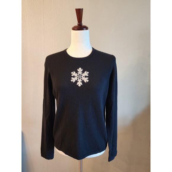 Real Clothes Silk Cashmere Black Crewneck Sweater Winter Snowflake SZ Medium - Picture 1 of 9